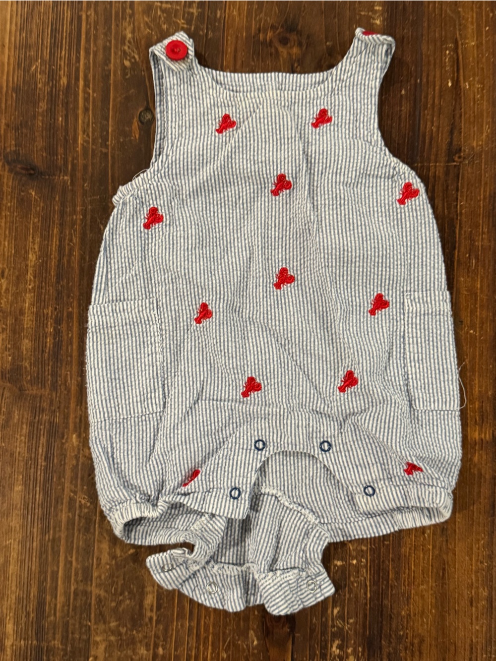 Nursery Rhyme Blue and White Striped Romper with Red Lobsters
